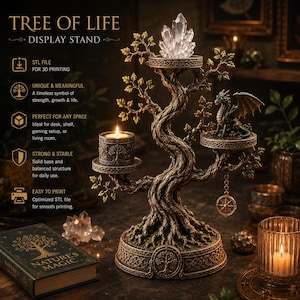 Peut inclure: Un présentoir Arbre de Vie avec une base en tronc d'arbre brun texturé ornée d'un emblème de nœud celtique, trois plateaux supportant un amas de cristaux, une bougie chauffe-plat allumée et une figurine de dragon vert ailé.
