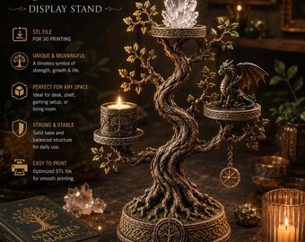 Stojak ekspozycyjny Drzewo Życia (STL) | Fantazyjny kryształ i świecznik | Organizer na biurko z nadrukiem 3D | Miniaturowa półka ekspozycyjna | Dekoracja do druku