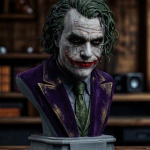 May include: A detailed bust of the Joker, featuring green hair, white face makeup, and red lipstick. The figure wears a purple velvet jacket with gold trim, a green patterned tie, and a gray shirt. The bust is mounted on a gray pedestal.
