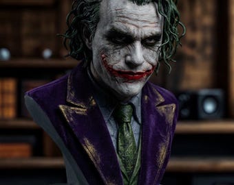 May include: A detailed bust of the Joker, featuring green hair, white face makeup, and red lipstick. The figure wears a purple velvet jacket with gold trim, a green patterned tie, and a gray shirt. The bust is mounted on a gray pedestal.