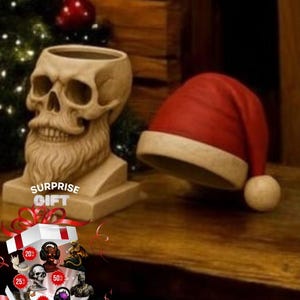 May include: A beige skull-shaped decorative container with a beard, next to a red and white Santa hat. A gift box with the text "SURPRISE GIFT" and various skull-themed items is open on a wooden surface. A Christmas tree is in the background.