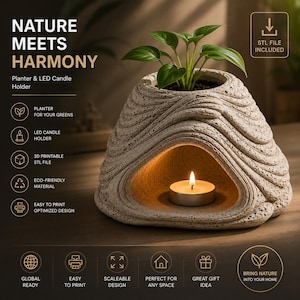 May include: A beige, textured, 3D-printed planter and LED candle holder with a layered, organic shape. The top features a green plant, while a hollowed-out lower section contains a small, glowing, round white LED candle. Text includes NATURE MEETS HARMONY.
