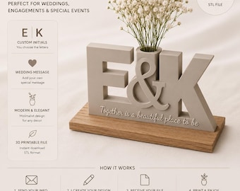 Anpassad initialvas i STL | Personlig bröllopspresent | Anpassad bokstavsvas | 3D-utskriftsfil | Förlovnings- och jubileumsdekor | Digital nedladdning