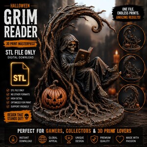 May include: A digital 3D printable STL file of a Grim Reader sculpture featuring a hooded skeleton sitting on a gnarled, tree-like throne while reading a book, accompanied by a carved jack-o'-lantern pumpkin on a circular stone base.