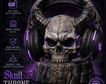 Skalle hörlursstativ STL, gotisk headsethållare, demonskalle 3D-utskriftsfil, spelskrivbordsdekor, hornad skalle STL, digital nedladdning