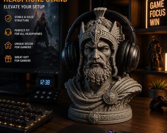 Hörlursstativ för krigare i STL-format | Hållare för spelheadset | Spartansk byst 3D-utskriftsfil | Skrivbordsdekor | Digital nedladdning