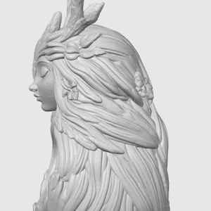 May include: A light gray 3D rendered bust of a figure in profile, featuring long flowing hair adorned with sculpted leaves and branches. The figure has closed eyes and a serene expression, with a base decorated with a ring of carved foliage.