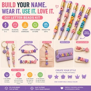 May include: A DIY letter beads kit for 3D printing featuring colorful alphabet beads and charms. The image displays examples of personalized pencil toppers, keychains, bracelets, bag charms, pencil cases, and hair clips with names like Olivia, Emily, Noah, Sophia, Maon, Jack, Lucy, Isabella, Read, and Fun.