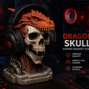 Headsetstativ med drakeskalle | Gotisk fantasi-speldekoration (STL-nedladdning)