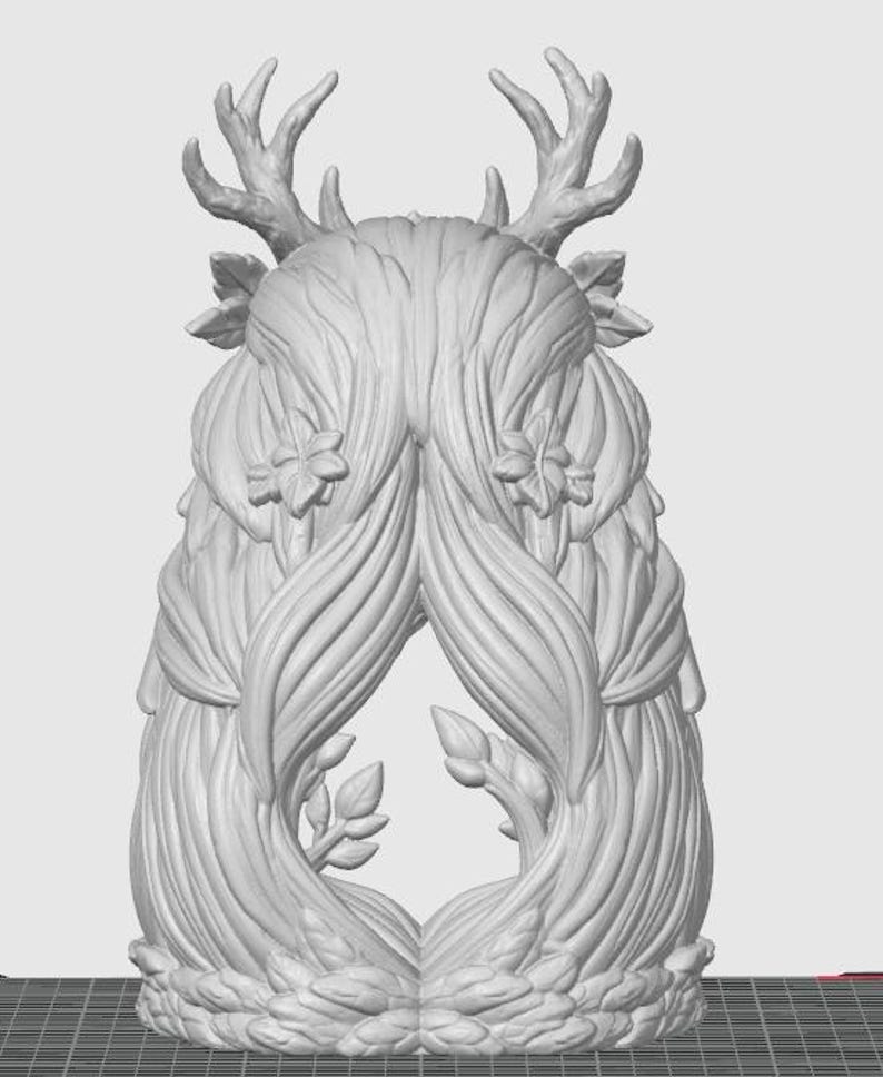 May include: A light gray 3D rendered sculpture featuring a central figure with long, flowing hair adorned with small flowers. The figure has prominent deer antlers extending from the top, and the base is surrounded by a dense layer of sculpted leaves.