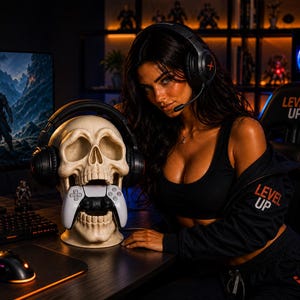 Puede incluir: Un soporte para auriculares con forma de calavera con un mando blanco en la boca. El soporte sostiene unos auriculares negros. Una mujer con un top y una chaqueta negros con el texto "LEVEL UP" está sentada junto al soporte. Un monitor de ordenador y una silla de juego están en el fondo.