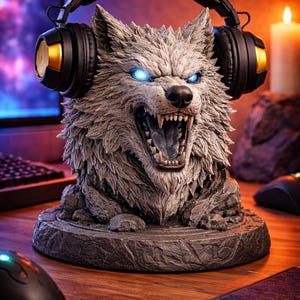 Puede incluir: Una estatua de cabeza de lobo gris con ojos azules brillantes, diseñada para sostener auriculares. La estatua tiene la boca abierta y está sobre una base de piedra. Auriculares negros con detalles dorados descansan sobre la cabeza del lobo. Un accesorio de juego.