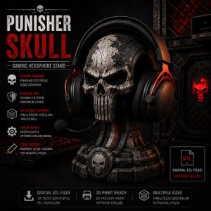 Punisher Skull Gaminghörlursställ | Taktisk 3D-utskriftshållare (digital nedladdning)