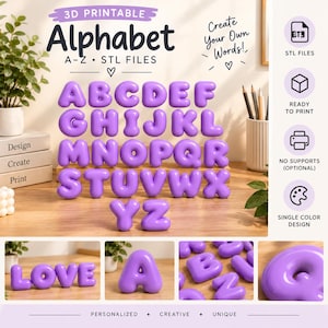 Könnte beinhalten: Ein Set aus 3D-druckbaren violetten Buchstaben des Alphabets A-Z im STL-Dateiformat. Die Darstellung zeigt das vollständige Alphabet in einer abgerundeten, ballonartigen Schriftart sowie Beispiele mit dem Wort LOVE und einzelnen Buchstaben.