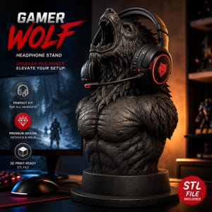 May include: A black wolf bust headphone stand featuring a muscular torso and an open-mouthed expression. The stand wears black gaming headphones with red circular accents. Text on the image reads GAMER WOLF HEADPHONE STAND, UNLEASH THE POWER, ELEVATE YOUR SETUP, PERFECT FIT FOR ALL HEADSETS, PREMIUM DESIGN DETAILED & BOLD, 3D PRINT READY STL FILE, and STL FILE INCLUDED.