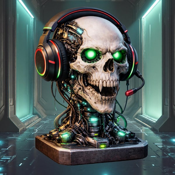 Cyberpunk Skull Headphone Stand | Gamer Desk Decor (STL File)