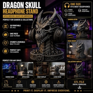 Drakskalle hörlursstativ i STL | 3D-utskrivbar hållare för spelheadset | Gotisk skrivbordsdekor | Fantasidrakebyst | Digital nedladdning