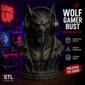 May include: A detailed, dark gray wolf bust wearing headphones, designed for gamers. The bust has a fierce expression and is ready for 3D printing. Text on the image reads "WOLF GAMER BUST" and "UNLEASH THE GAME".
