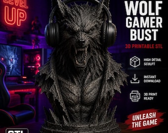 May include: A detailed, dark gray wolf bust wearing headphones, designed for gamers. The bust has a fierce expression and is ready for 3D printing. Text on the image reads "WOLF GAMER BUST" and "UNLEASH THE GAME".