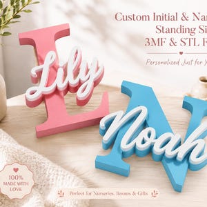 May include: Two standing signs featuring large block letters L and N in pink and blue, with white cursive names Lily and Noah attached to the front. Text on the image reads Custom Initial & Name Standing Sign 3MF & STL File Personalized Just for You.