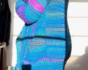 Cárdigan de crochet con bloques de color hecho a mano: tejido acrílico extragrande