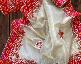 Kota Doriya Saree, geweven zarichex, bandhani-printrand, feestelijke sari bruiloft