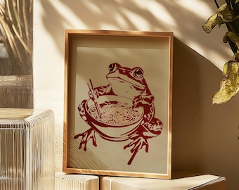 Frog Eating Ramen Wall Art Print | Quirky Animal Poster | Minimalist Line Art | Japanese-Inspired Kitchen Decor | Fun Modern Wall Print