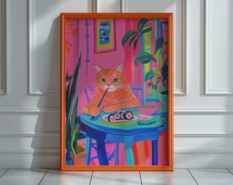 Bunte Katze Essen Sushi Wand Kunst | Lebendiges Pop Art Tier Poster | Moderne Küche Dekor | Helle rosa abstrakte Katzenmalerei