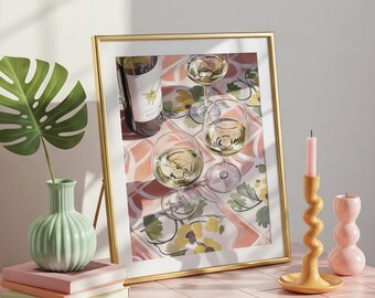 Wine on Pink Tiles Wall Art Print | Mediterranean Still Life Poster | Summer Table Decor | Pastel Home Art Print | Elegant Kitchen Wall Art