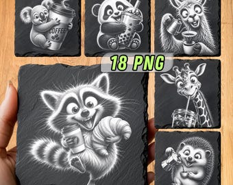 Funny Animals with Coffee | Laser Files For Slate Engraving | Coaster Designs | Digital Download