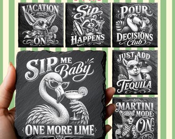 Summer Cocktail Coaster Laser Files | Bar Drink PNG Bundle | Slate Engraving Designs for Glowforge, xTool, Lightburn