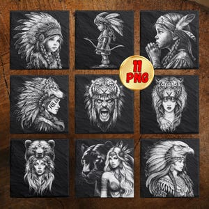 Puede incluir: Nueve posavasos cuadrados de pizarra con ilustraciones en blanco y negro de retratos de inspiración nativa americana. Los diseños incluyen retratos de personas con tocados, tocados de animales y un niño con arco y flecha.