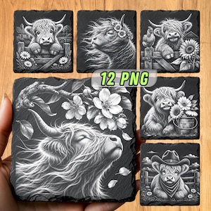 May include: A collection of six square slate coasters featuring black and white illustrations of Highland cattle in various settings, including with flowers, a fence, and a cowboy hat, with the text 12 PNG displayed in the centre.