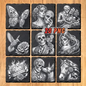 May include: A collection of nine square slate coasters featuring black and white illustrations of Day of the Dead themes, including a butterfly with skull wings, figures with sugar skull makeup, a hummingbird, a horse, and a heart with the text SIEMPRE PRESENTES.