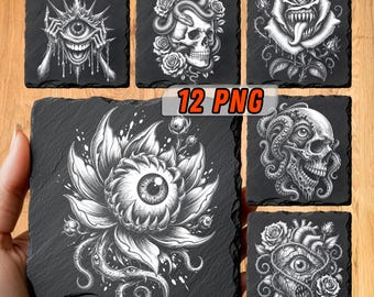 Gothic Halloween Laser Files for Slate Engraving | 12 Dark Art Coaster Designs | Digital Download