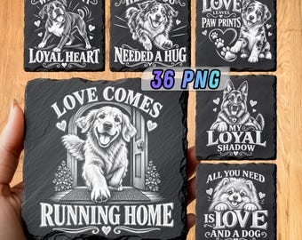 May include: A collection of square slate coasters featuring white engraved illustrations of various dog breeds with text including Wiggle Butt, Herd You Needed A Hug, Love Leaves Paw Prints, Love Comes Running Home, My Loyal Shadow, and All You Need Is Love And A Dog.