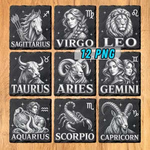 Peut inclure: Un ensemble de neuf dessous de verre carrés en ardoise noire avec des illustrations gravées en blanc des signes du zodiaque Sagittarius, Virgo, Leo, Taurus, Aries, Gemini, Aquarius, Scorpio et Capricorn, avec le texte 12 PNG au centre.