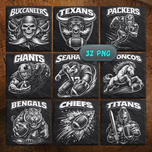 May include: Nine black square coasters featuring white illustrations of NFL team logos, such as the Buccaneers, Texans, Packers, Giants, Seahawks, Broncos, Bengals, Chiefs, and Titans. The image includes the text "32 PNG".