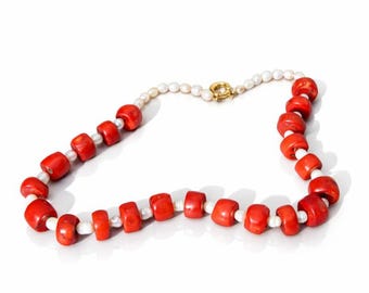 Handmade Coral Necklace, Chunky Red Natural Beads for Bold Coastal Boho Artisan Jewelry Lovers, Gift for Her