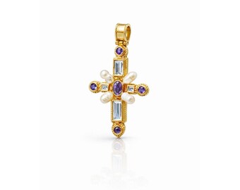 Gold Plated Cross Charm for Jewelry Making, CZ Diamond Cross Pendant with Colored Center Stone, DIY Necklace Jewelry Supplies