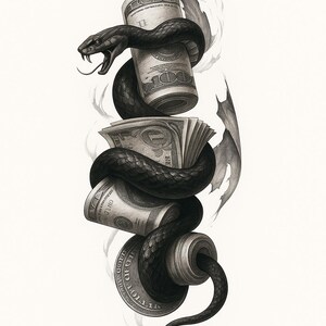May include: A black snake coiled around stacks of rolled-up and fanned US dollar bills. The snake's head is at the top, with its tongue extended. The illustration is in grayscale, with a detailed, textured appearance, and a white background.