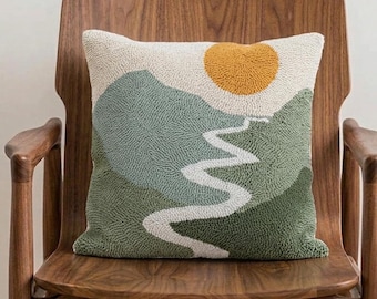 Boho Sunset Moon Tufted Pillow Cover 18x18, Abstract Landscape Cushion Accent, Boho Home Decor, House Warming Gift