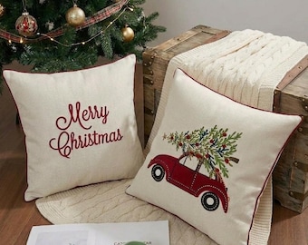 Christmas Pillow Cover, Merry Christmas Cushion Cover, Red Truck Christmas Tree Pillow, Chenille Farmhouse Holiday Decor, Xmas Cushion Cover