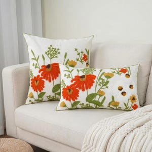 Embroidered Floral Pillow Cover, Boho Flower Cushion, Botanical Throw Pillow, Cottagecore Decor, Decorative Cushion Cover for Living Room