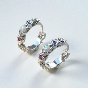 Sterling Silver Irregular Hoop Earrings, Opal Zircon Gemstone