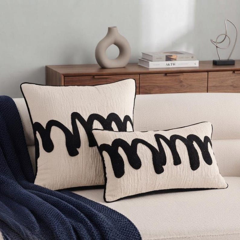 Black and White Chenille Pillow Covers, Geometric Throw Pillow, Modern