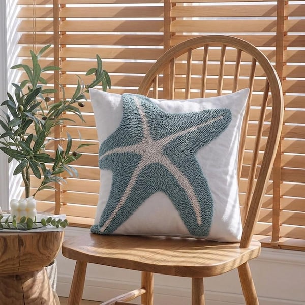Punch Needle Starfish Pillow Cover, Coastal Beach Throw Pillow, Ocean Inspired Cushion Cover, Beach House Decor, Summer Pillowcase
