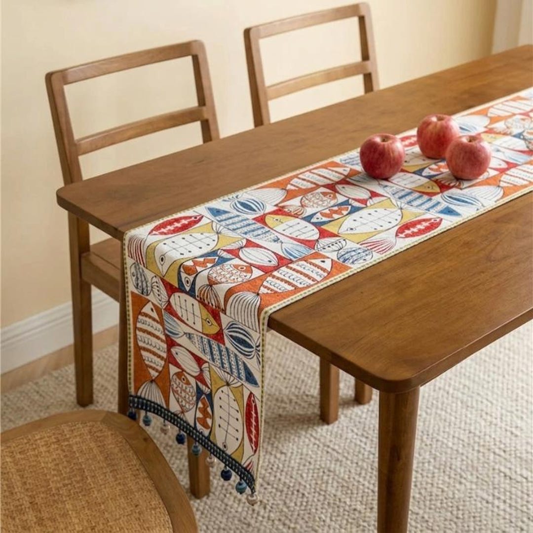 Coastal Fish Table Runner With Tassels, Nautical Farmhouse Table Decor ...