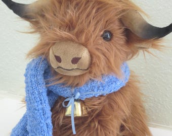 Highland Cow with bell, Scottish coo plush, stuffed animal soft toy