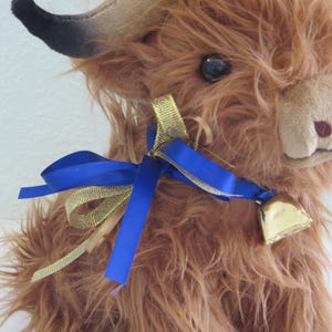 Highland Cow with bell, Scottish coo plush, stuffed animal soft toy Blue/Gold